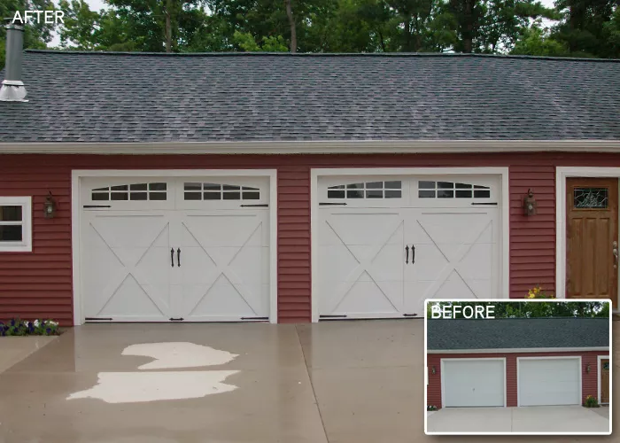 Wayne Dalton #6600, Lexington panel and decorative hardware, Arched Stockton