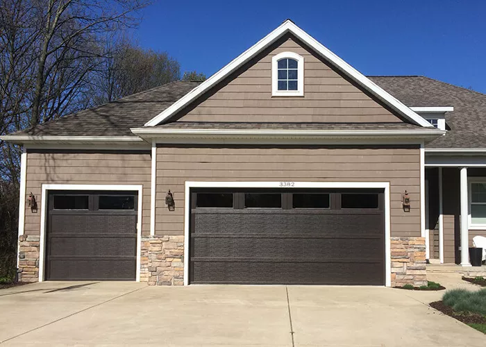 Wayne Dalton #9700, Camden panel, Walnut stain finish,  Plain windows